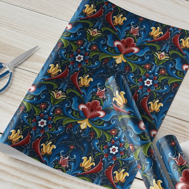 Scandinavian Rosemaling Folk Blue Red Wrapping Paper (Creator Uploaded)