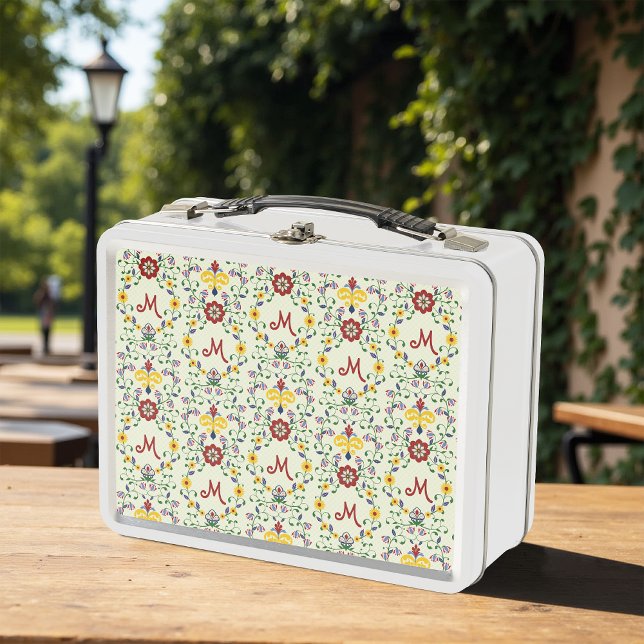 Scandinavian Rosemaling Monogram Pattern Nordic Metal Lunch Box (Creator Uploaded)