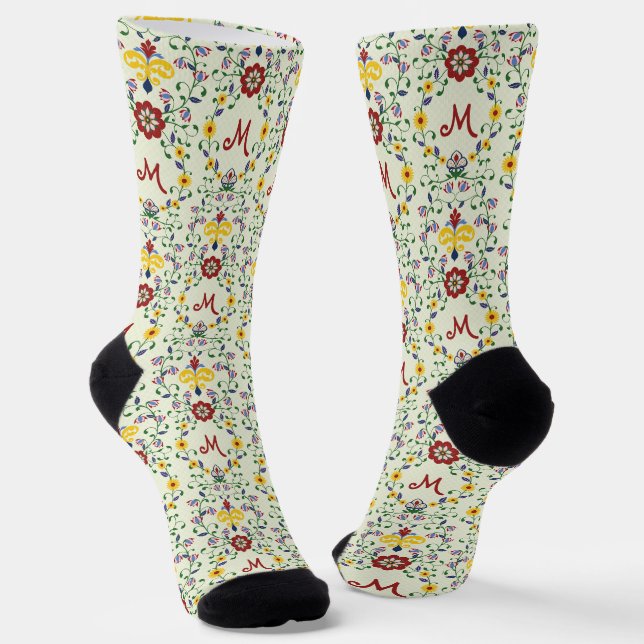 Scandinavian Rosemaling Monogram Pattern Nordic Socks (Angled)