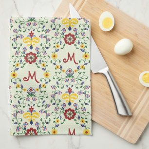 Scandinavian Rosemaling Monogram Pattern Nordic Tea Towel