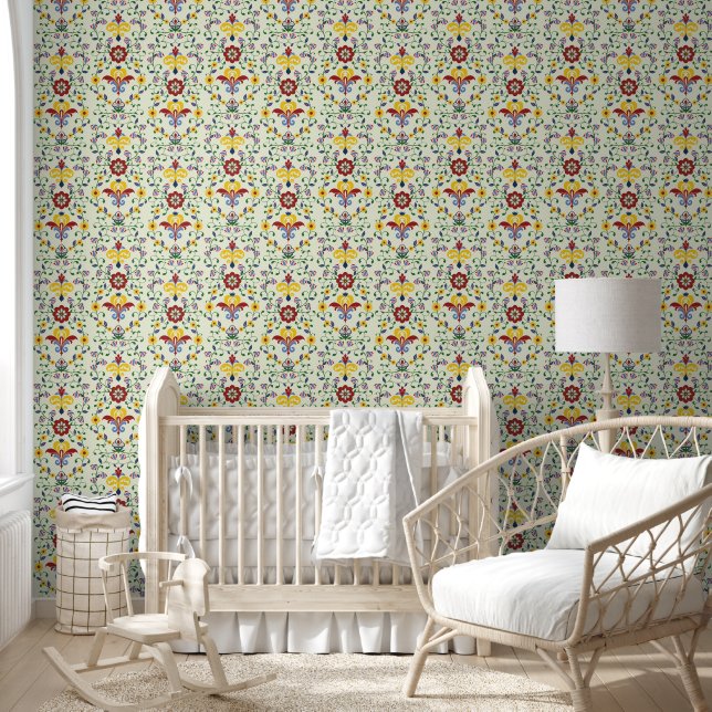 Scandinavian Rosemaling Pattern Nordic Floral Art Wallpaper (Kids)