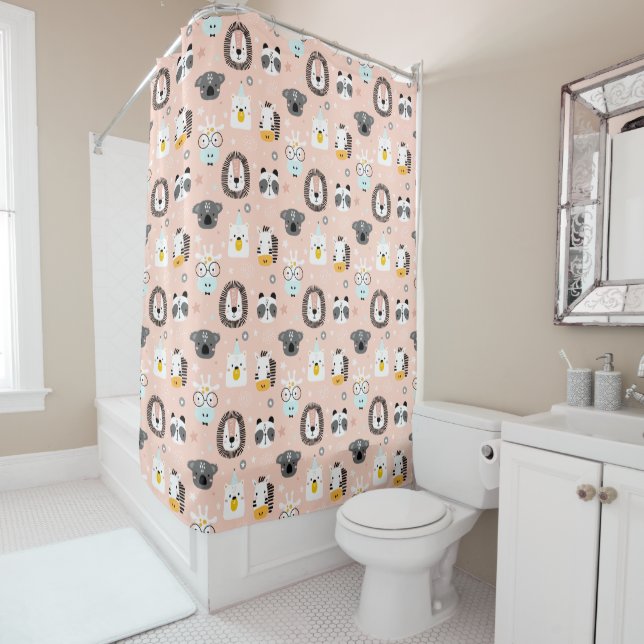 Scandinavian Safari Animal Faces Peach Kids Shower Curtain (In Situ)