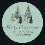 Scandinavian Sketched Winter Pine Trees Green Gold Classic Round Sticker<br><div class="desc">Scandinavian Forest wrapping paper with simple sketched pine trees and gold spots. Lovely modern and contemporary design. Please browse my Christmas Trees collection for matching tags and other items or,  message me to create the templates you need.</div>