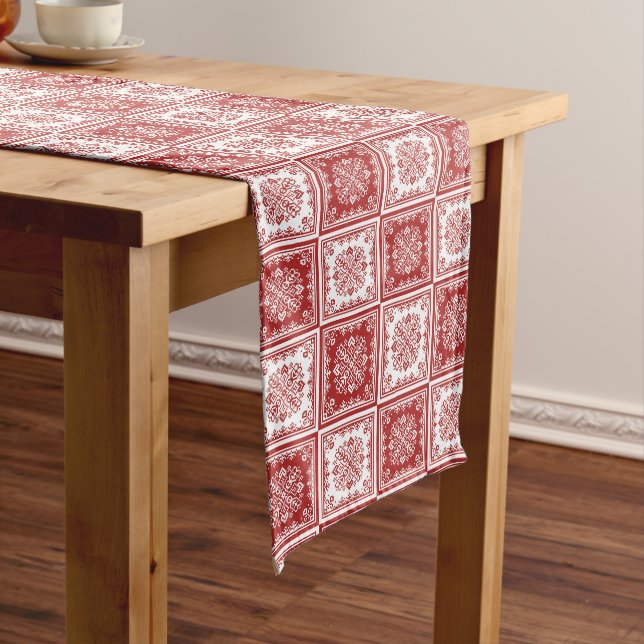 Scandinavian Snowflakes Checkers, Red, White Xmas Long Table Runner (In Situ)
