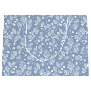 Scandinavian Soft Blue Leaf White Floral Pattern Large Gift Bag