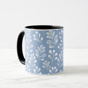 Scandinavian Soft Blue Leaf White Floral Pattern Mug