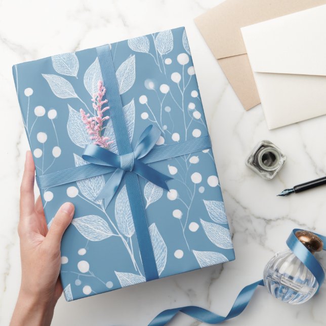 Scandinavian Soft Blue Leaf White Floral Pattern Wrapping Paper (Gifting)