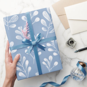 Scandinavian Soft Blue Leaf White Floral Pattern Wrapping Paper