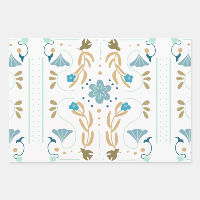 Scandinavian Spring Blue Floral Wrapping Paper Sheet (Front)
