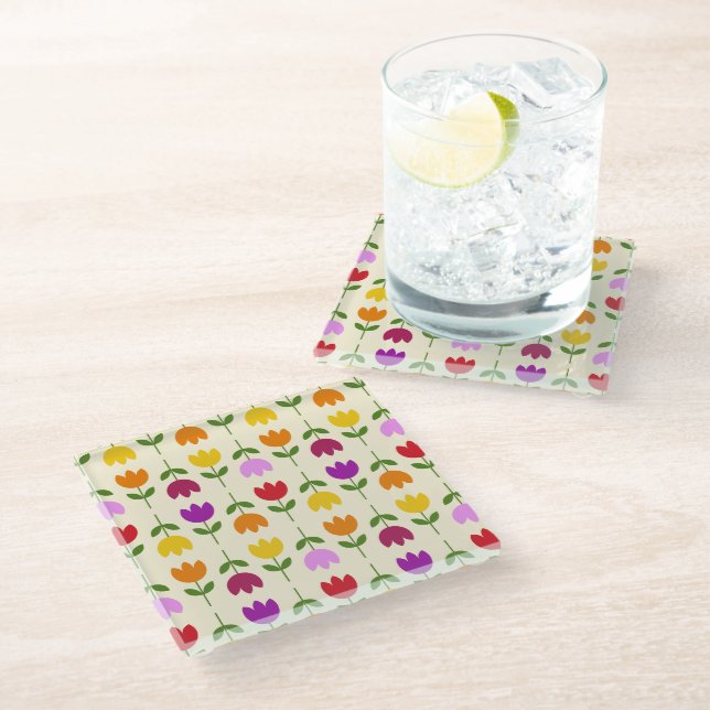 Scandinavian Style Colourful on Crm Flower Pattern Glass Coaster (Angled)