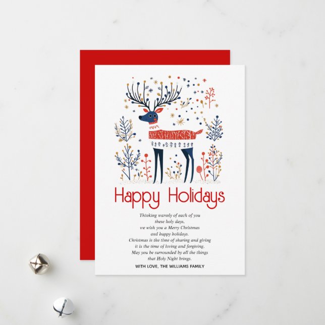 Scandinavian style deer red blue Christmas  Holiday Card (Front/Back In Situ)