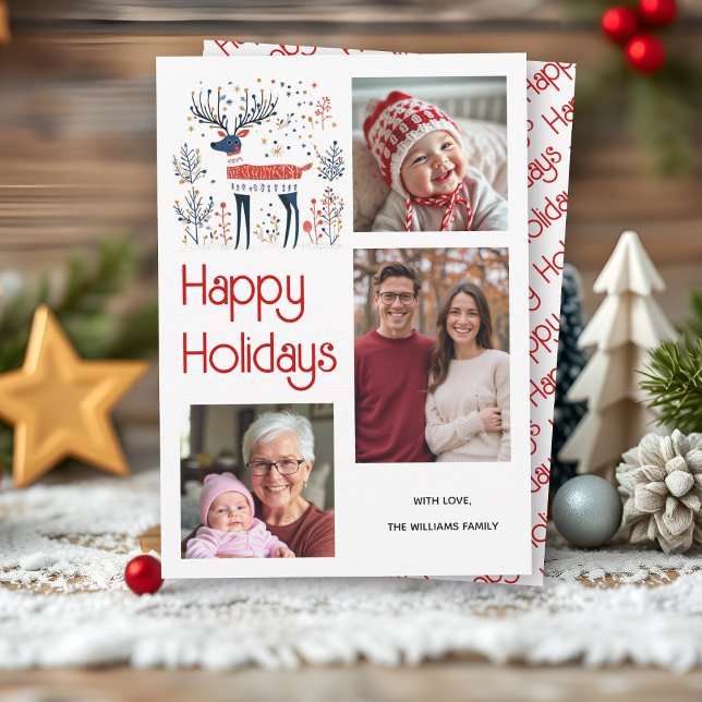 Scandinavian style deer red blue photo Christmas Holiday Card (Creator Uploaded)
