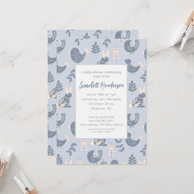 Scandinavian Style Folk Art Baby Shower Invitation (Front/Back In Situ)