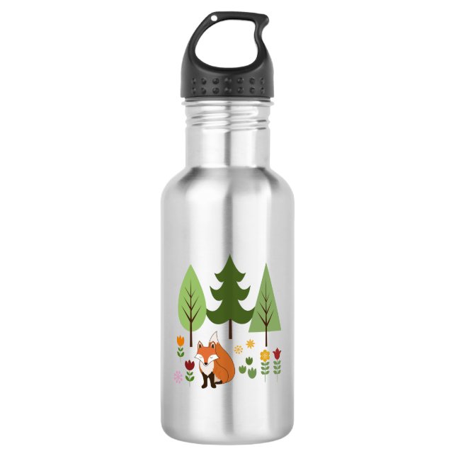 Scandinavian Style Fox Flowers Trees Illustration 532 Ml Water Bottle (Front)