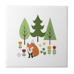 Scandinavian Style Fox Flowers Trees Illustration Ceramic Tile