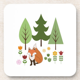 Scandinavian Style Fox Flowers Trees Illustration Coaster