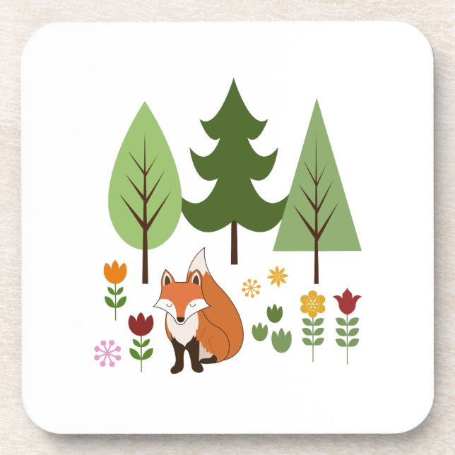 Scandinavian Style Fox Flowers Trees Illustration Coaster (Front)