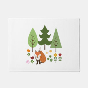 Scandinavian Style Fox Flowers Trees Illustration Doormat