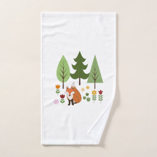 Scandinavian Style Fox Flowers Trees Illustration Hand Towel