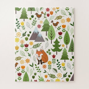 Scandinavian Style Fox Flowers Trees Illustration Jigsaw Puzzle