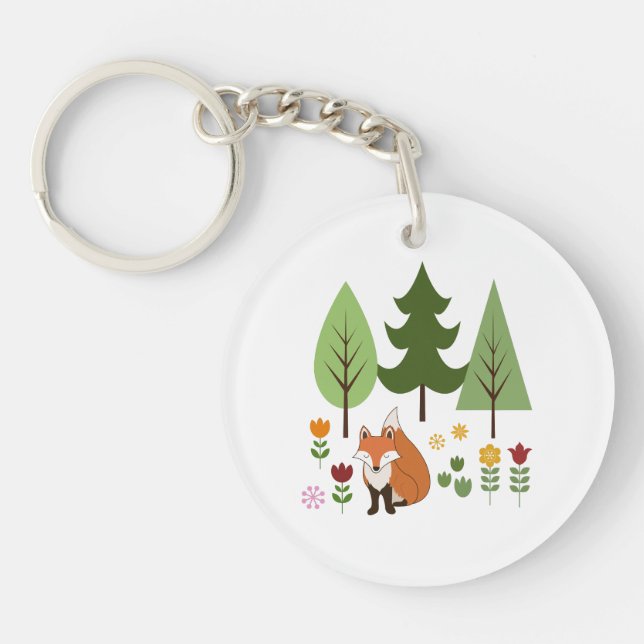 Scandinavian Style Fox Flowers Trees Illustration Key Ring (Front)