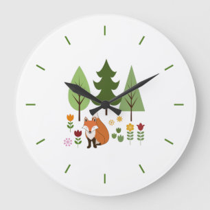 Scandinavian Style Fox Flowers Trees Illustration Large Clock