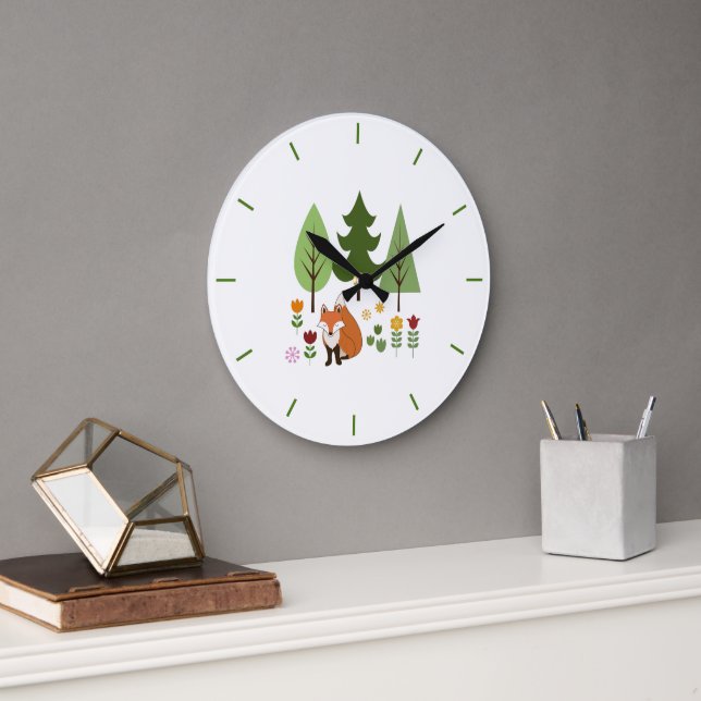 Scandinavian Style Fox Flowers Trees Illustration Large Clock (Office)