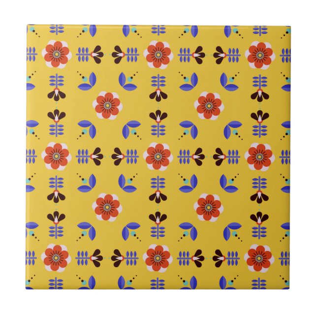 Scandinavian Style Geometric Floral Pattern Ceramic Tile (Front)