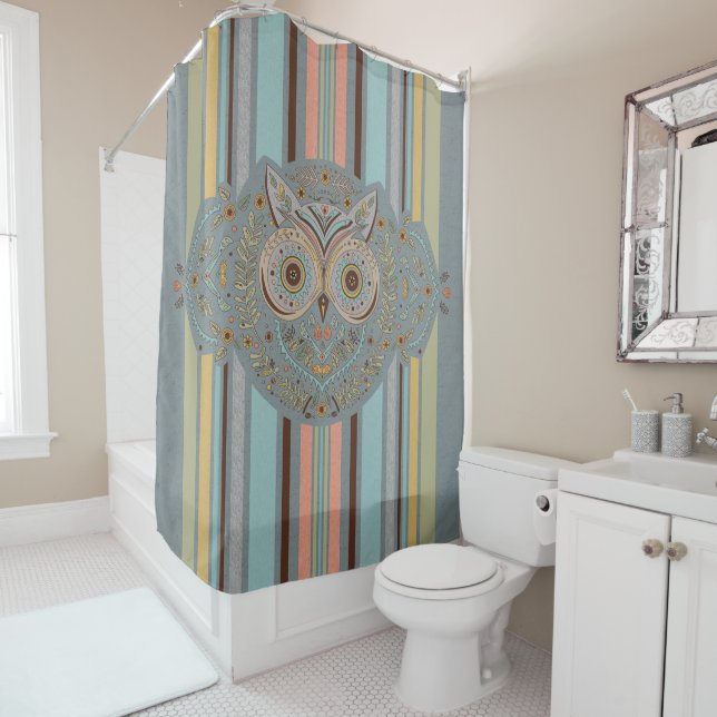 Scandinavian Style Graphic Owl Floral and Stripe Shower Curtain (In Situ)