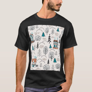 Scandinavian Style Houses Forest Pattern T-Shirt
