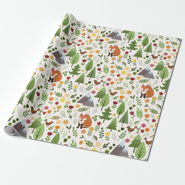 Scandinavian Style Illustrations on Cream Pattern Wrapping Paper (Unrolled)