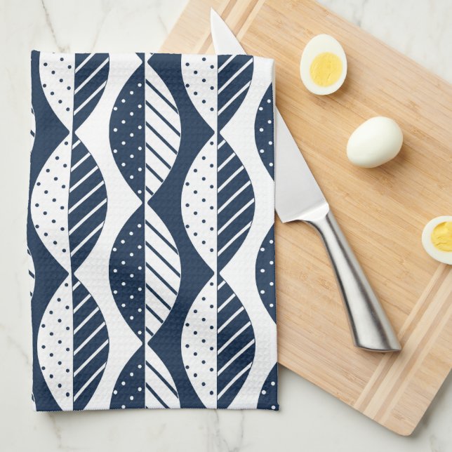 Scandinavian Style Leaves, Navy Blue and White Tea Towel (Quarter Fold)
