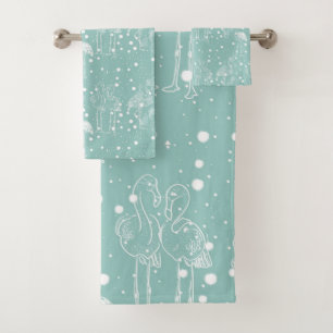 Scandinavian Style White Flamingos on Light Teal  Bath Towel Set