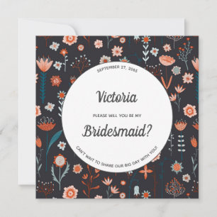 Scandinavian Summer Flowers Dark Be My Bridesmaid Invitation