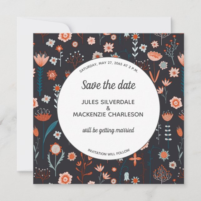 Scandinavian Summer Flowers Dark Save the Date Invitation (Front)
