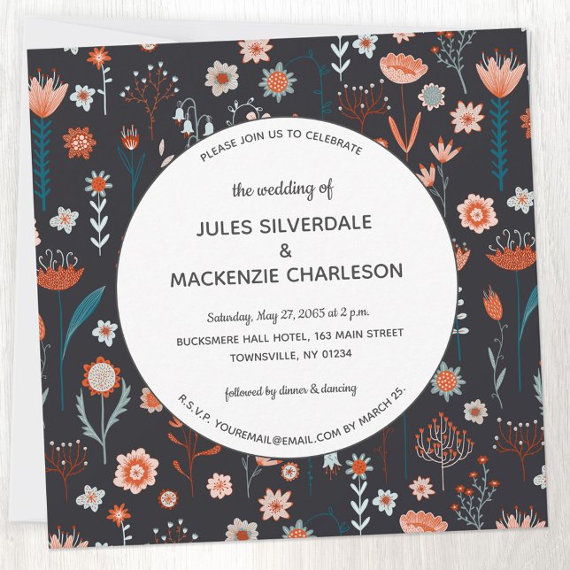 Scandinavian Summer Flowers Dark Wedding Invitation (Scandinavian style dark floral peach teal and black wedding invitation)