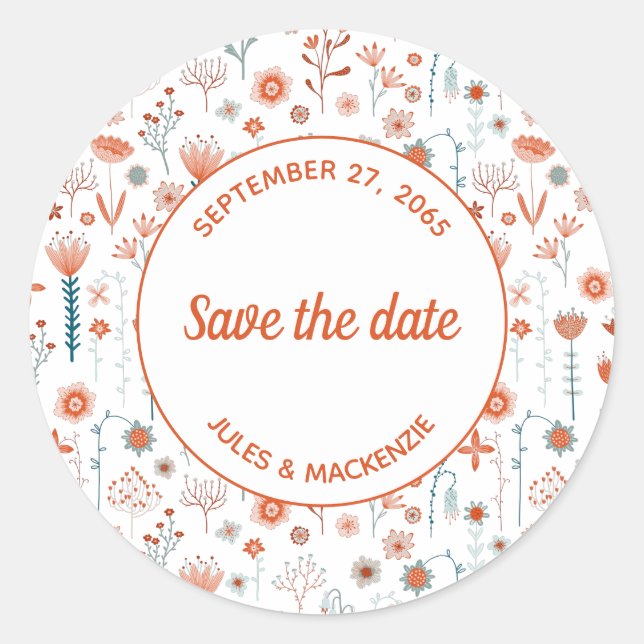 Scandinavian Summer Flowers Save the Date Classic Round Sticker (Front)