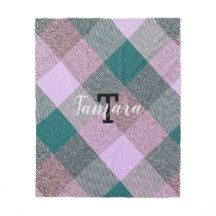 Scandinavian Teal Pink Plaid Monogram Name