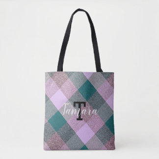 Scandinavian Teal Pink Plaid Monogrammed Name Tote Bag