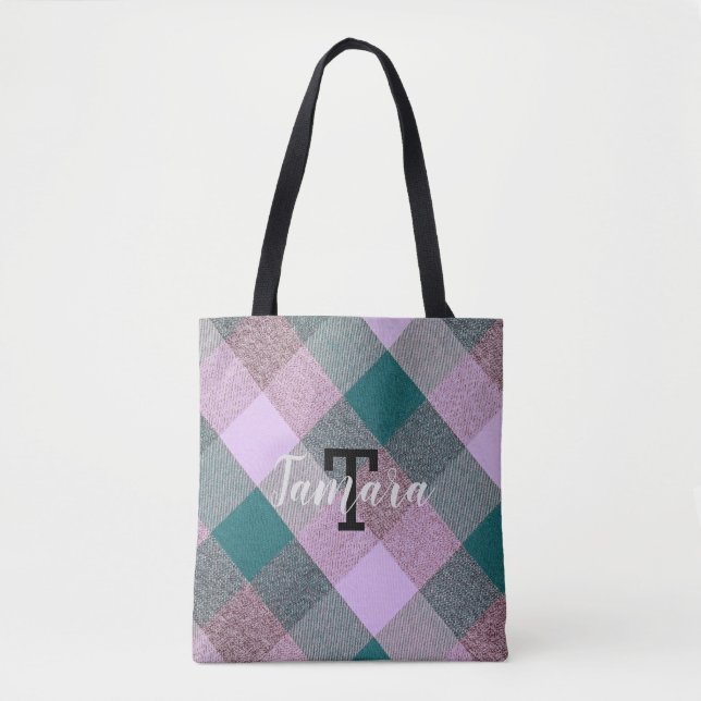 Scandinavian Teal Pink Plaid Monogrammed Name Tote Bag (Front)