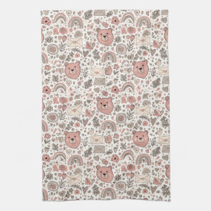 Scandinavian Teddy Bear Boho Pattern Tea Towel
