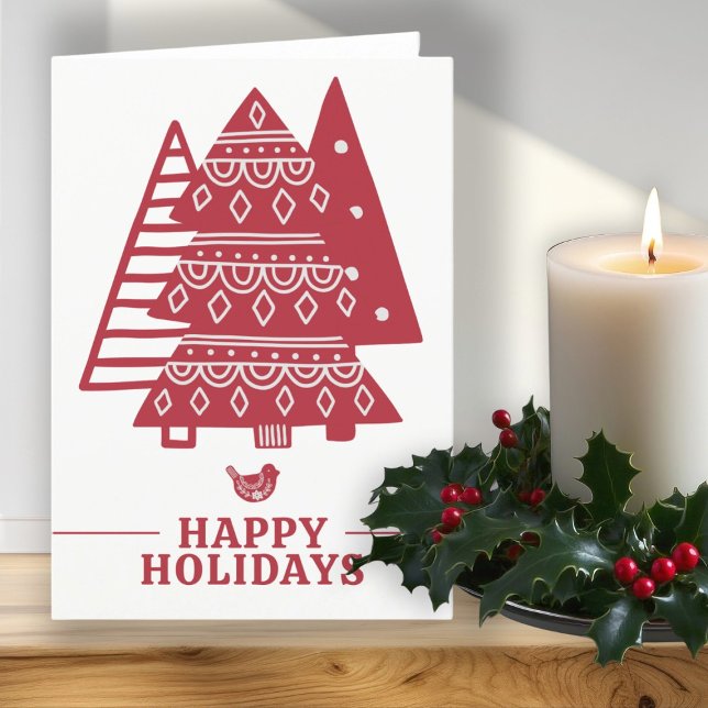 Scandinavian Tree Nordic Christmas Personalised Holiday Card (Scandinavian Tree Nordic Christmas Personalized Holiday Card by Ricaso. Red Scandi Christmas trees)