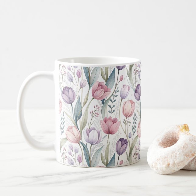Scandinavian Tulip Floral Pattern Coffee Mug (With Donut)