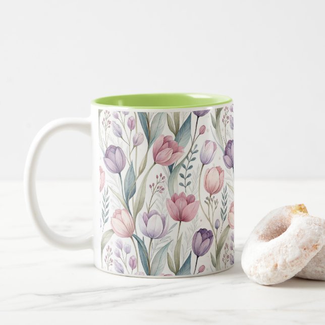 Scandinavian Tulip Floral Pattern Two-Tone Coffee Mug (With Donut)