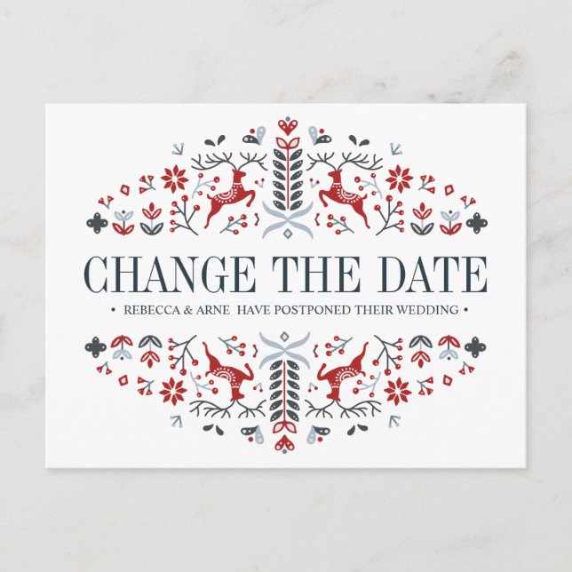 Scandinavian WEDDING CHANGE THE DATE POSTPONEMENT Announcement Postcard (Front)