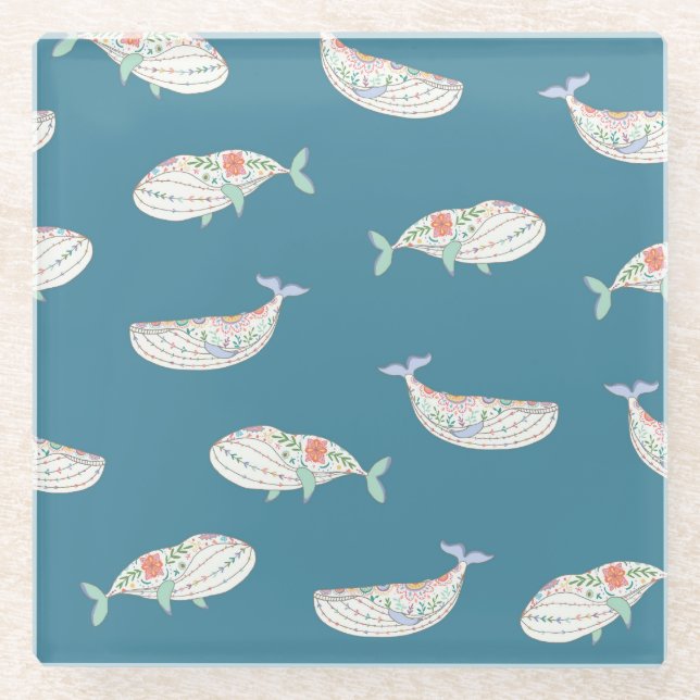 Scandinavian whale, sea animals pattern glass coaster (Front)