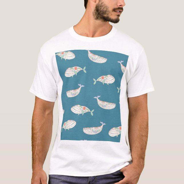 Scandinavian whale, sea animals pattern T-Shirt (Front)