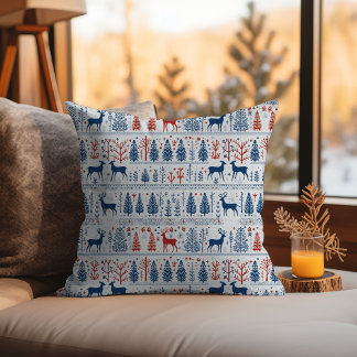 Scandinavian White Christmas Deer Folk Nordic Art Cushion