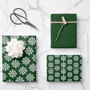 Scandinavian White Snowflake Pattern on Evergreen Wrapping Paper Sheet