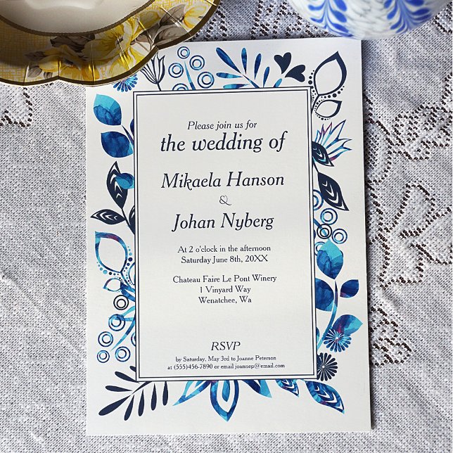 Scandinavian Winter Blue-Grey Floral Pattern Invitation (Crystal Blue and Blue Gray Floral Decorative Frame Wedding Invitation)
